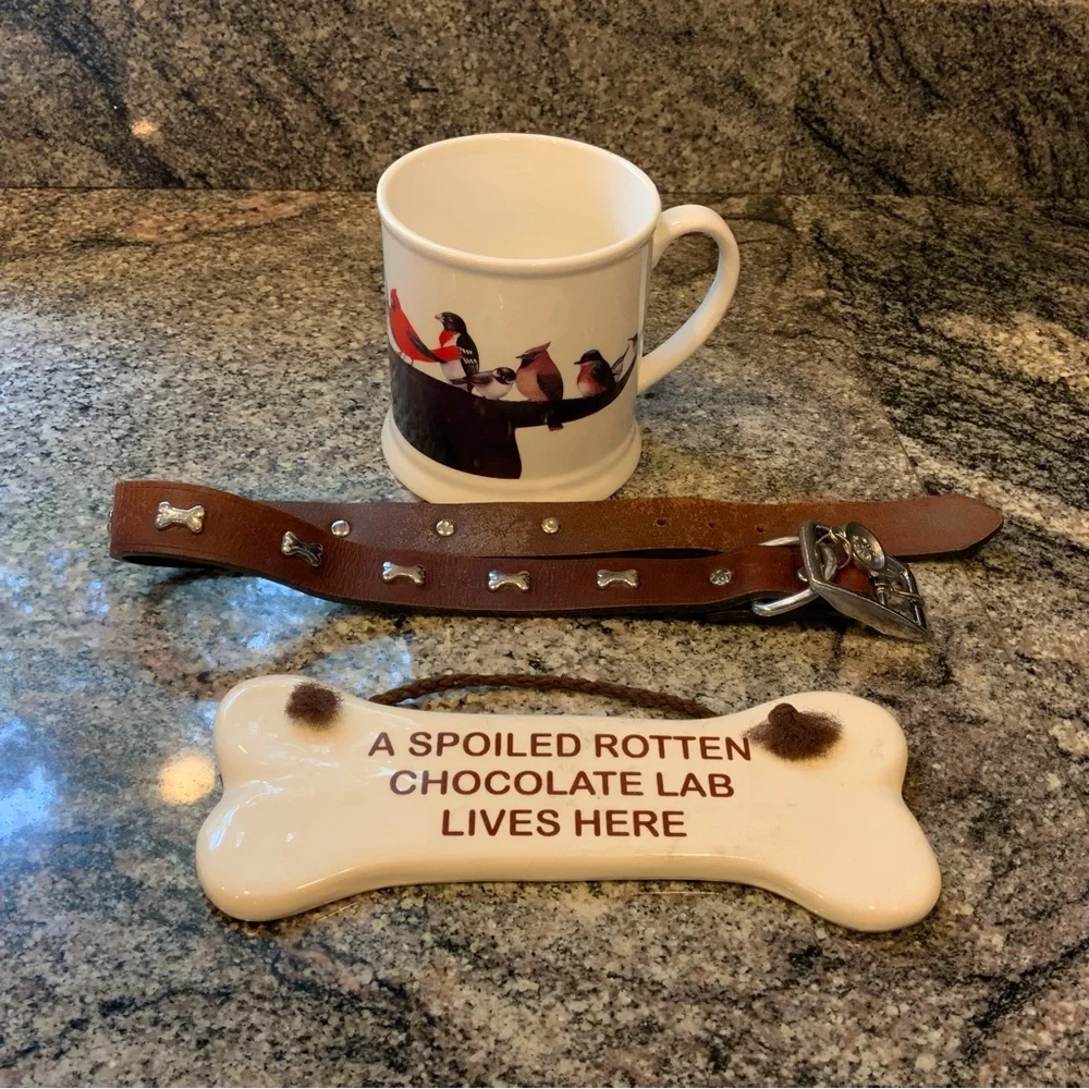 Chocolate Labrador Bundle Wendy Russell Mug, XL leather collar &home accent sign